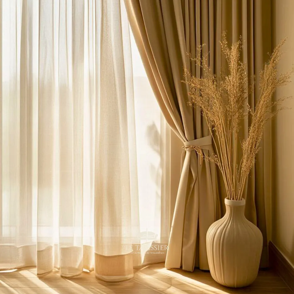 Rideaux beiges élégants avec voilage double rideau décoration Rideaux beiges élégants avec voilage double rideau décoration